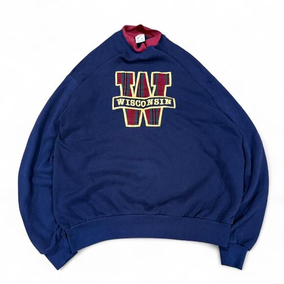 Wisconsin University Big W Embroidered Plaid Double Neck Grandma Crewneck Sz.XL - Picture 1 of 7